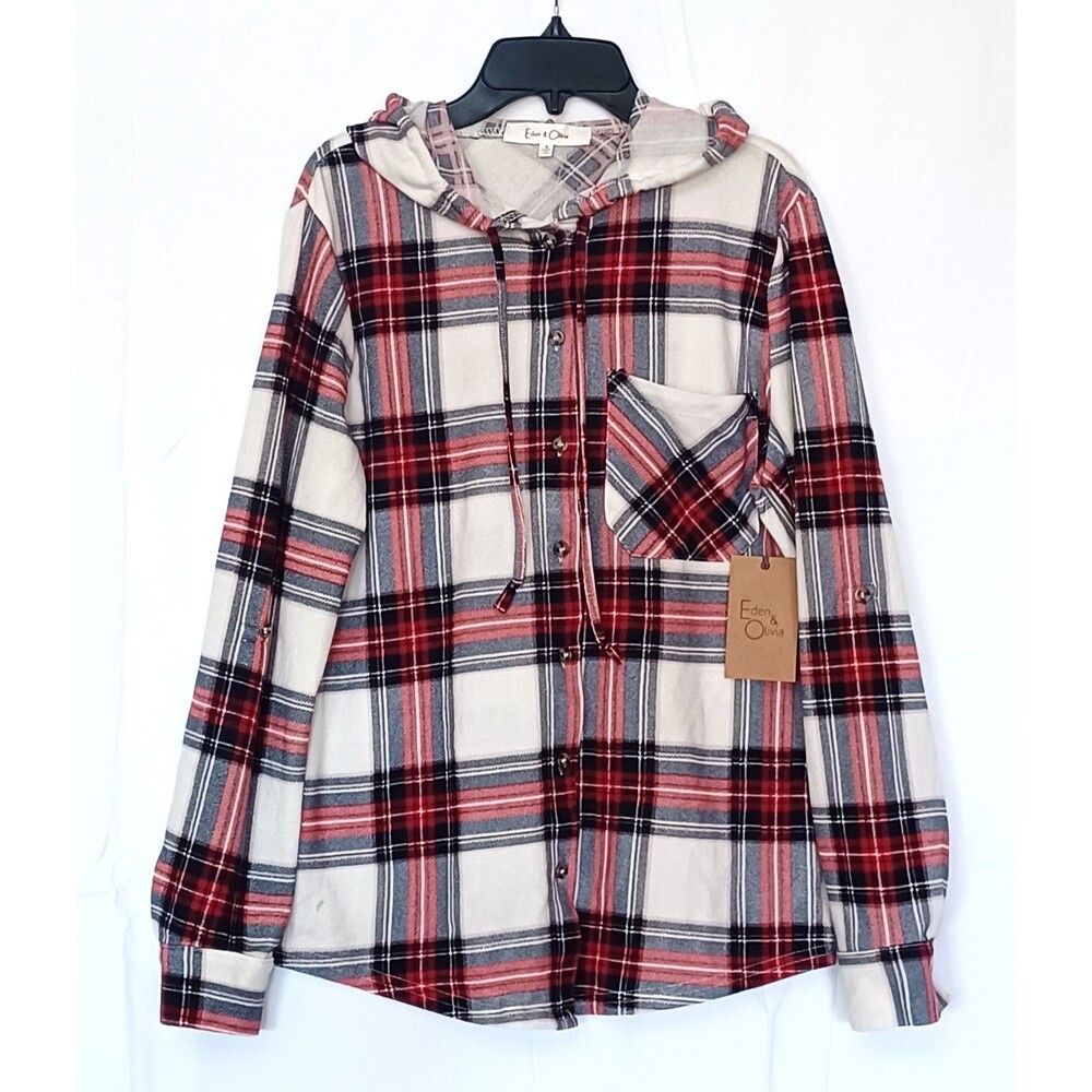 Eden & Olivia Women's S Plaid Hooded Button Up Flannel Top Jacket Ivory/Red/Blk